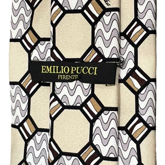 Emilio Pucci Yellow Gray Zig Zag Octagon Geometric Luxury 100% Silk Necktie Tie - Picture 7 of 7